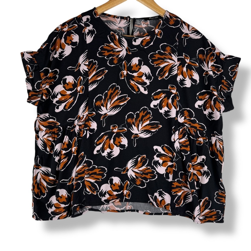 Madewell Black Floral Print Top Womens Size XS Viscose‎ Relaxed Short Sleeve
